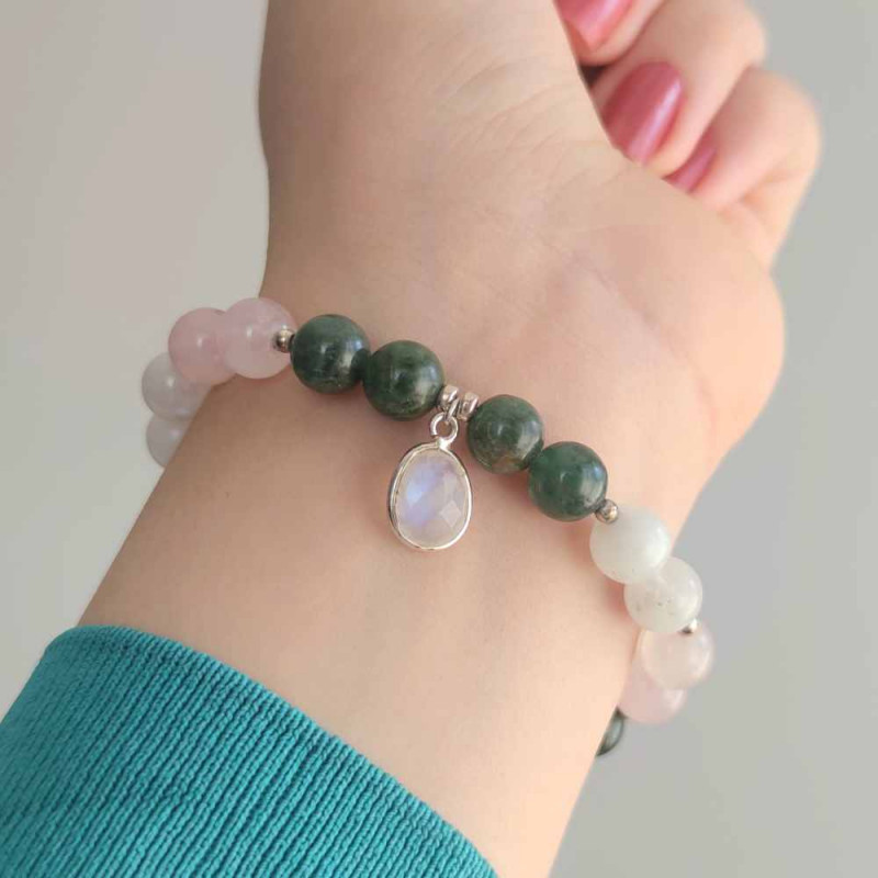 Multi Stone Bracelet , 8mm Moonstone , Rose Quartz & Green Apatite Stones Bracelet   