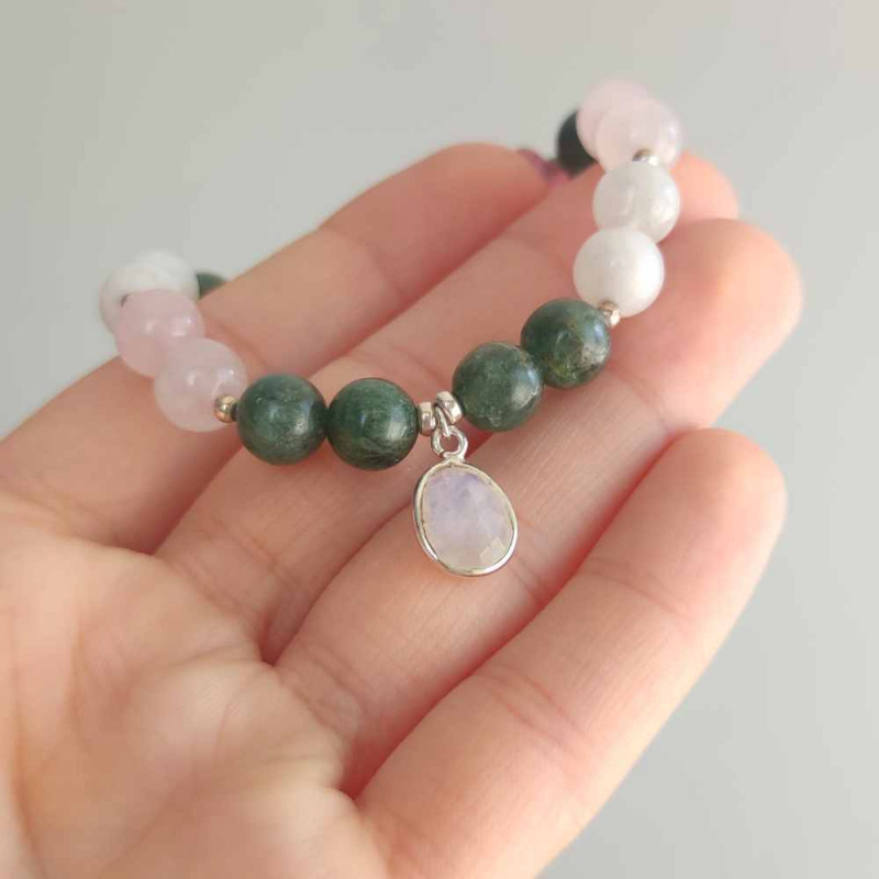 Multi Stone Bracelet , 8mm Moonstone , Rose Quartz & Green Apatite Stones Bracelet   