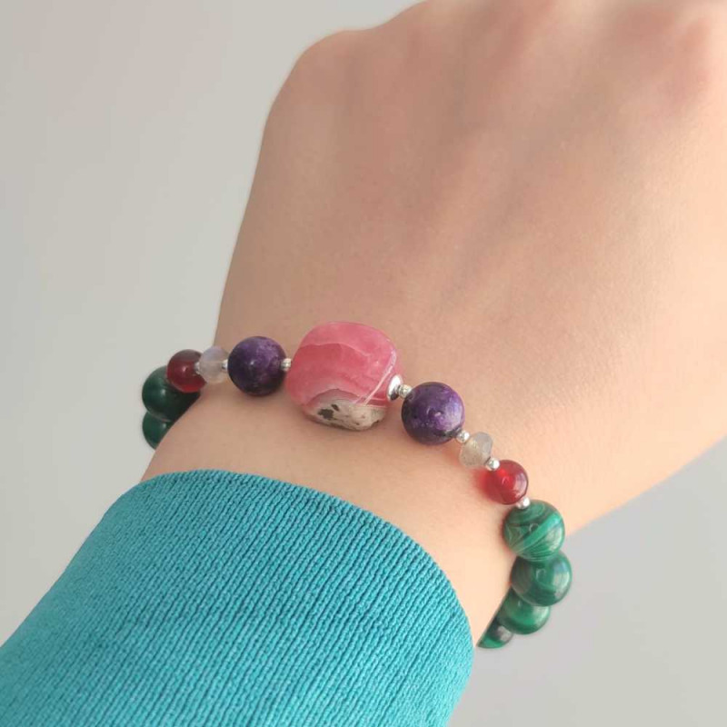 Multi Stone Bracelet , 8mm Malachite , Red Agate , Labradorite , Charoite & Rhodochrosite Stones Bracelet   