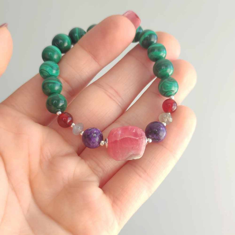 Multi Stone Bracelet , 8mm Malachite , Red Agate , Labradorite , Charoite & Rhodochrosite Stones Bracelet   