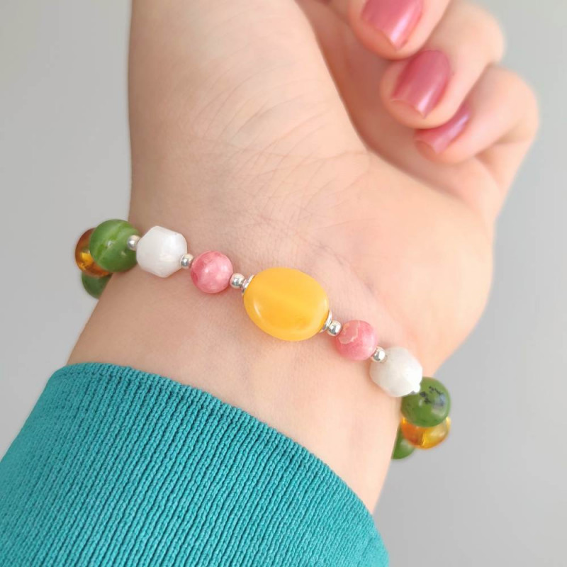 Multi Stone Bracelet , Natural Canadian Jade , Rhodochrosite , Moonstone , Kunzite & Amber Bracelet