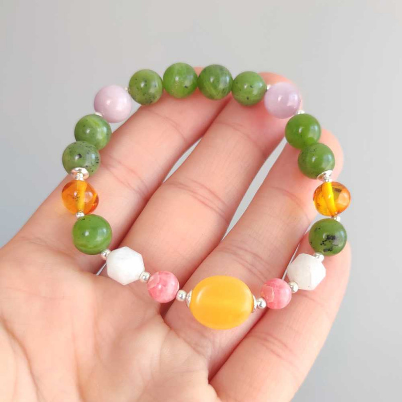 Multi Stone Bracelet , Natural Canadian Jade , Rhodochrosite , Moonstone , Kunzite & Amber Bracelet