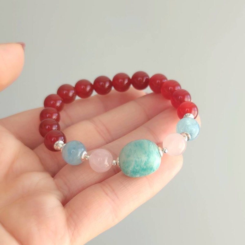 Multi Stone Bracelet , 8mm Red Agate , Aquamarine , Rose quartz & Amazonite Stones Bracelet