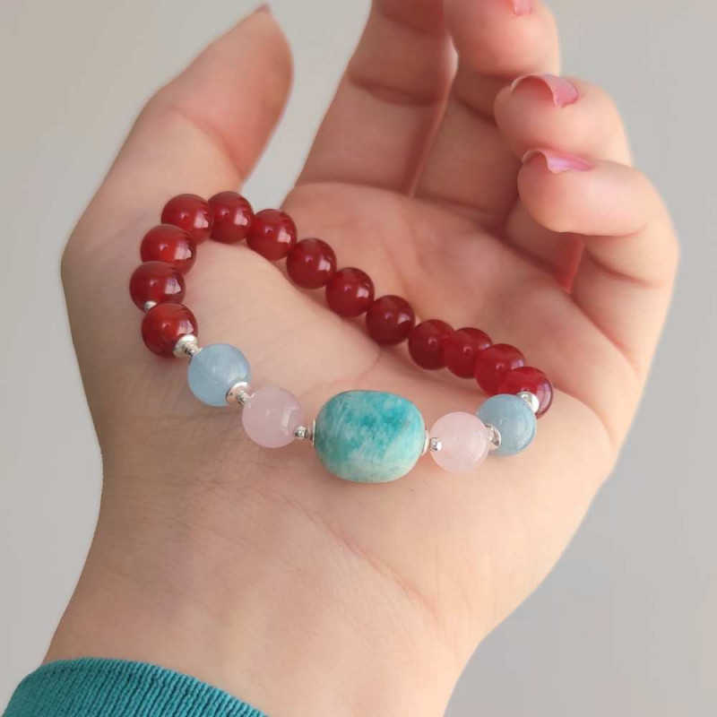 Multi Stone Bracelet , 8mm Red Agate , Aquamarine , Rose quartz & Amazonite Stones Bracelet