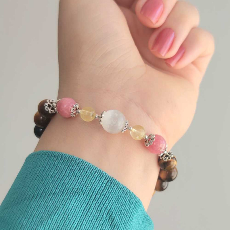 Multi Stone Bracelet , 8mm Natural Tiger Eye , Rhodochrosite , Citrine & Selenite Stones Bracelet