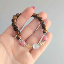 Multi Stone Bracelet , 8mm Natural Tiger Eye , Rhodochrosite , Citrine & Selenite Stones Bracelet