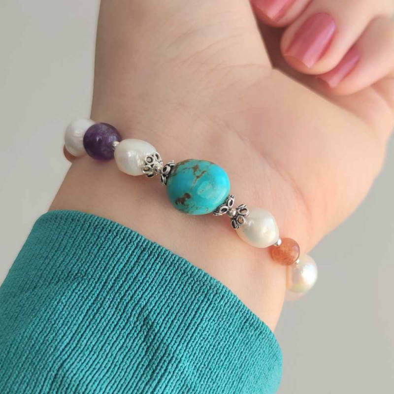 Multi Stone Bracelet , 8mm Amethyst , Rose Quartz , Turquoise , Sunstone & Pearl Bracelet