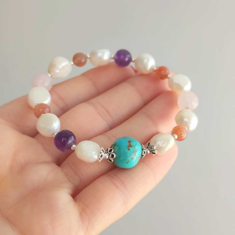 Multi Stone Bracelet , 8mm Amethyst , Rose Quartz , Turquoise , Sunstone & Pearl Bracelet