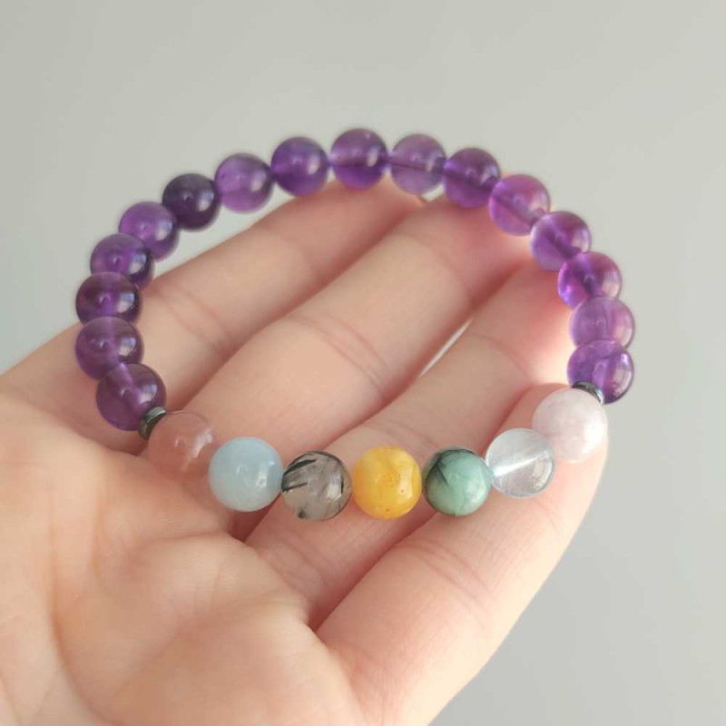 Royal Seven Chakras Bracelet , 8mm Ametist + Seven Rare Stones For Chakras 