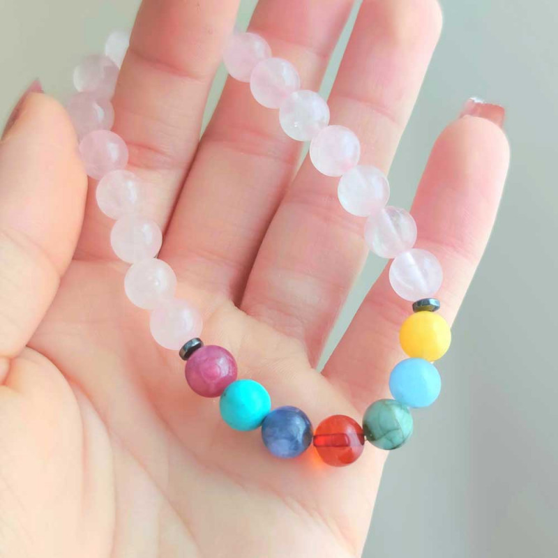 Royal Seven Chakras Bracelet , 8mm Rose Quartz + Seven Rare Stones For Chakras