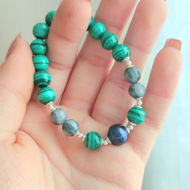 Multi Stone Bracelet , 8mm Malachite and Cat's Eye stone bracelet