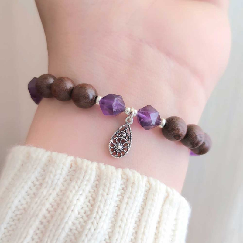 Natural Amethyst Stone & Wenge Wood Bracelet