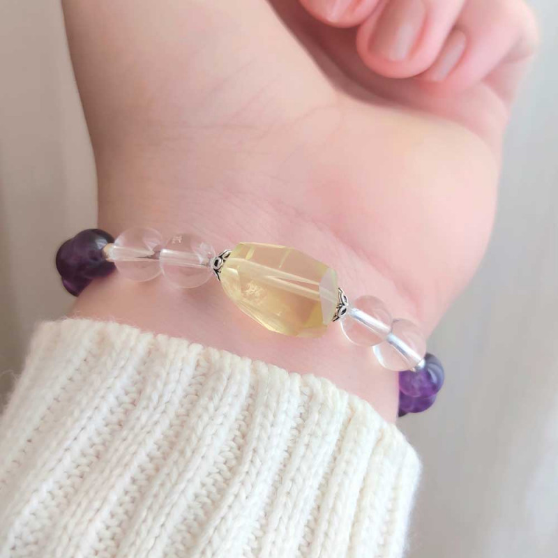 Multi Stone Bracelet , 8mm Amethyst ,Crystal Quartz & Lemon Quartz Bracelet