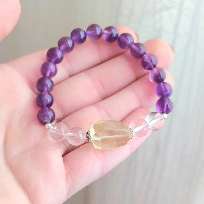 Multi Stone Bracelet , 8mm Amethyst ,Crystal Quartz & Lemon Quartz Bracelet