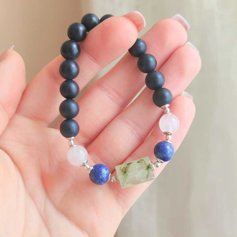 Multi Stone Bracelet , 8mm Black Onyx , Lapis Lazuli , Rose Quartz & Prehnite Stone Bracelet