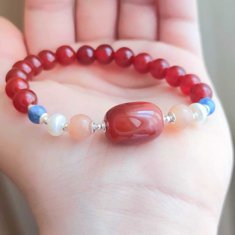 Multi Stone Bracelet , 8mm Red Agate , Kyanite , Sun Stone & Pearl Bracelet