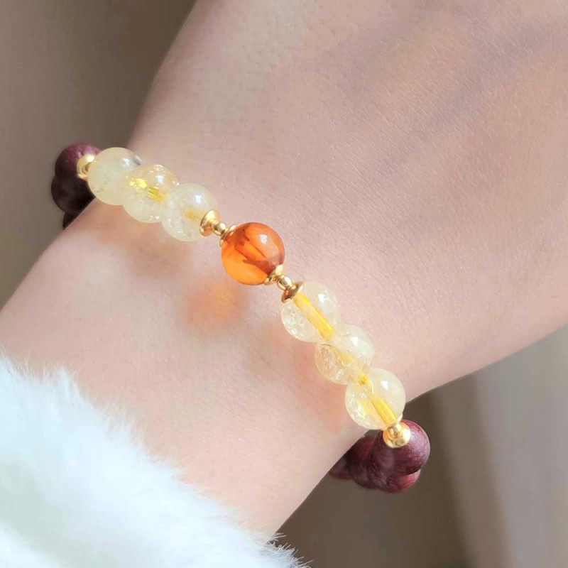 Multi Stone Bracelet, 8mm Citrine , Amber & Rose Wood Bracelet