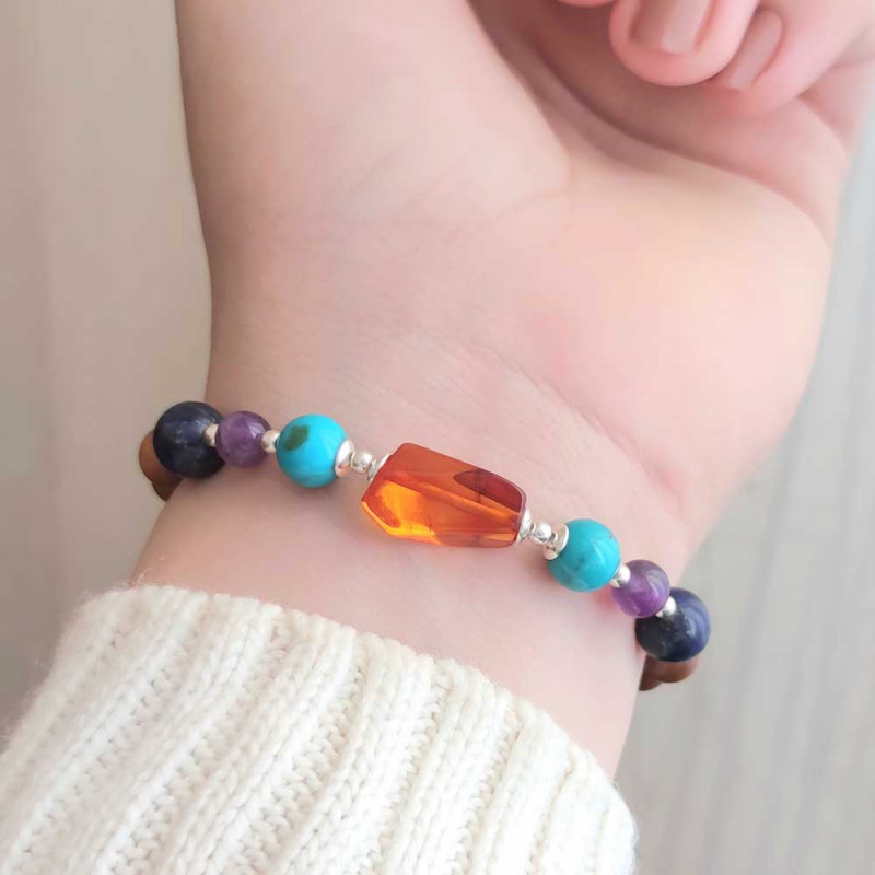 Natural Coke Wood Bracelet With Turquoise , Amethyst , Lapis Lazuli Stones & Amber