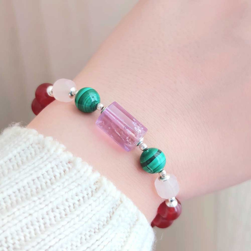 Multi Stone Bracelet , 8mm Red Agate , Malachite , Amber , Rose Quartz & Ametrine Bracelet