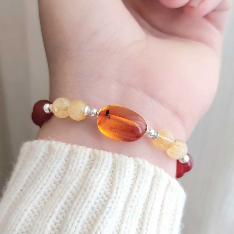 Multi Stone Bracelet , 8mm Red Agate , Citrine , Amber Bracelet