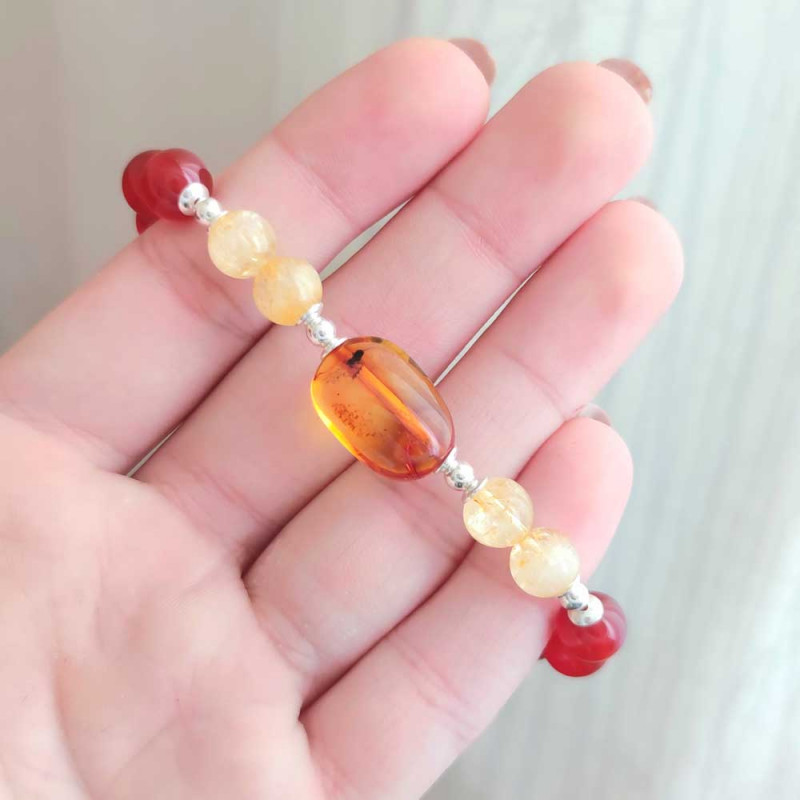 Multi Stone Bracelet , 8mm Red Agate , Citrine , Amber Bracelet