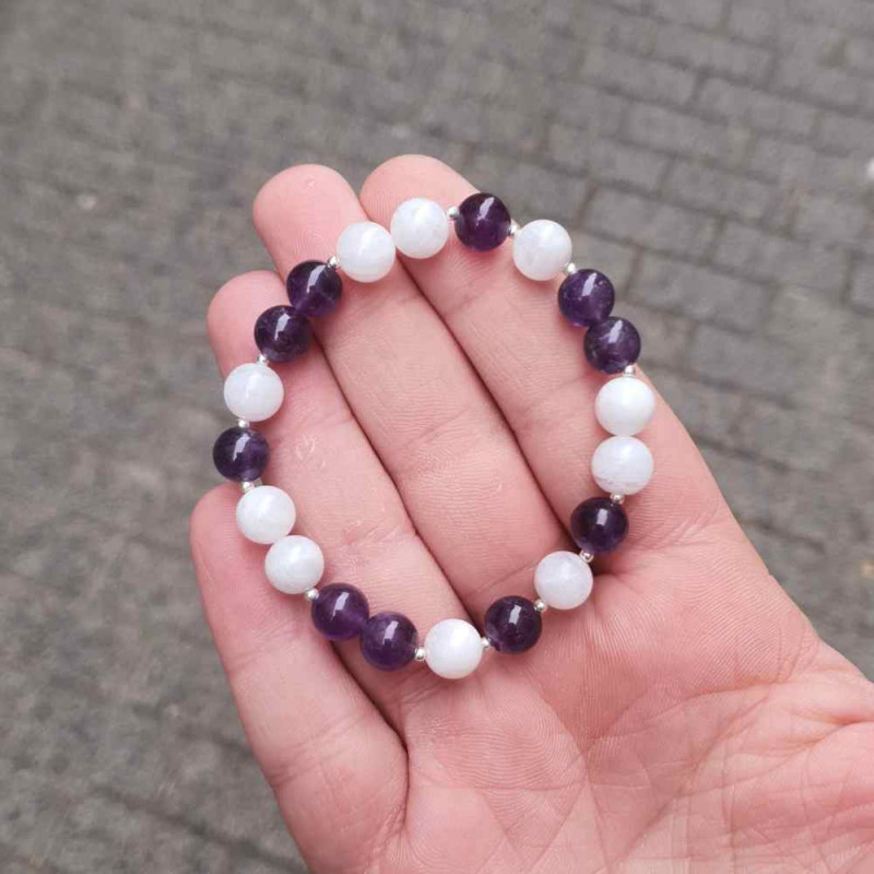 Multi Stone Bracelet , Natural Moonstone & Amethyst Stone Bracelet