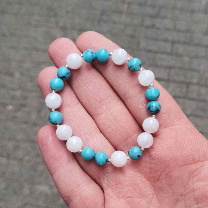 925 Sterling Silver Bracelet , Natural Moonstone & Turquoise Stone Bracelet