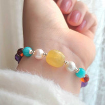 Multi Stone Bracelet , 8mm Amethyst , Amber , Amazonite , Pearl & Calcite Bracelet