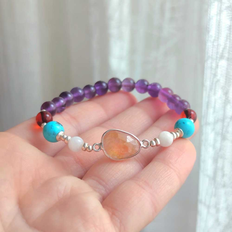 Multi Stone Bracelet , 8mm Amethyst , Amber , Turquoise , Moonstone & Yellow Sapphire Bracelet