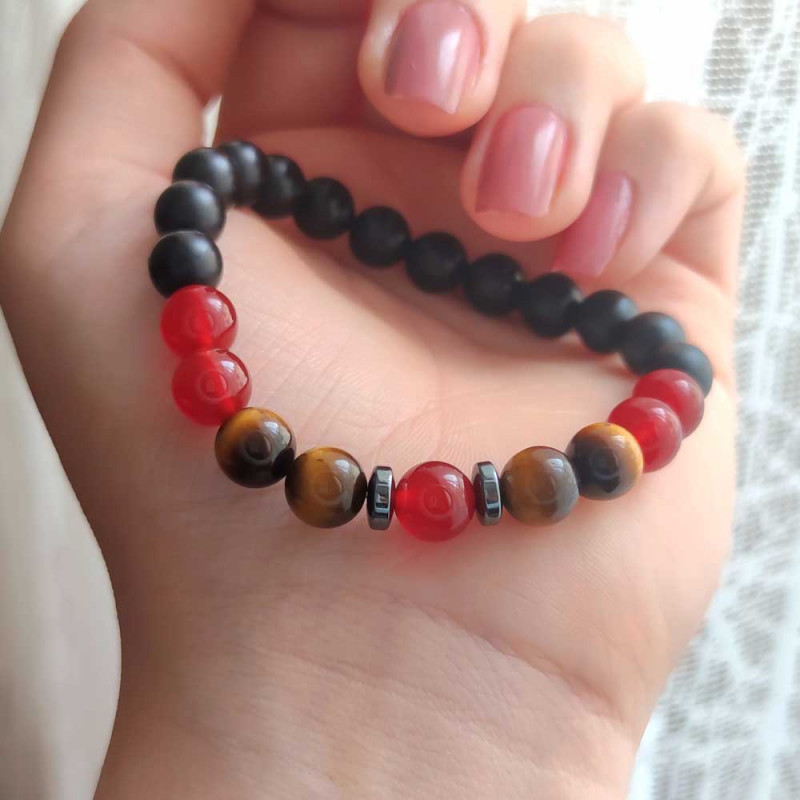 Multi Stone Bracelet , 8mm Black Onyx , Red Agate & Tiger Eye Stones  Bracelet