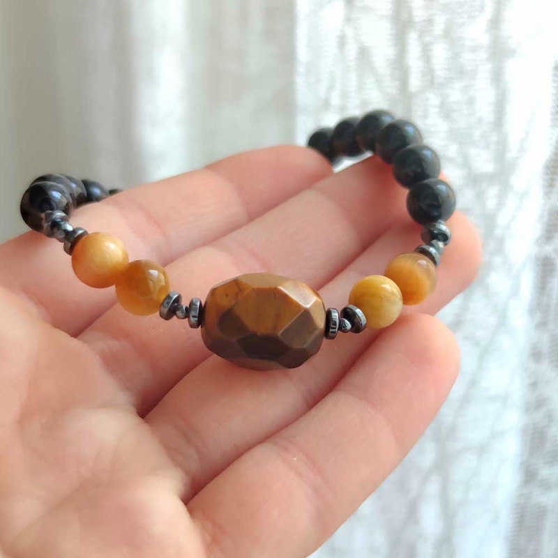 Multi Stone Bracelet , 8mm Black Onyx & Tiger Eye Bracelet