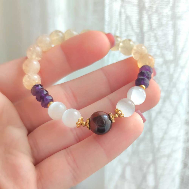 Multi Stone Bracelet , 8mm Citrine , Amethyst , Selenite & Tiger Eye Bracelet