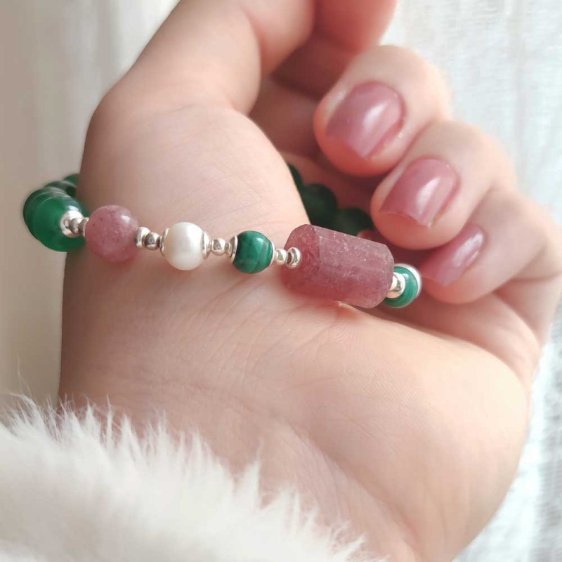 Multi Stone Bracelet , 8mm Green Agate , Malachite , Pearl  & Strawberry Quartz Bracelet