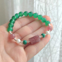 Multi Stone Bracelet , 8mm Green Agate , Malachite , Pearl  & Strawberry Quartz Bracelet