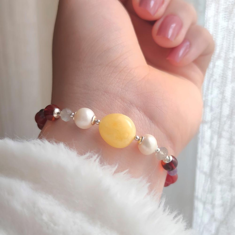 Multi Stone Bracelet , 8mm Red Agate , Amethyst , Amber ,  Labradorite & Pearl Bracelet