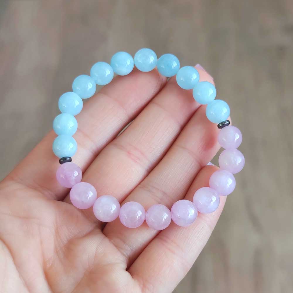 Multi Stone Bracelet , 8mm Aquamarine & Kunzite Stones Bracelet