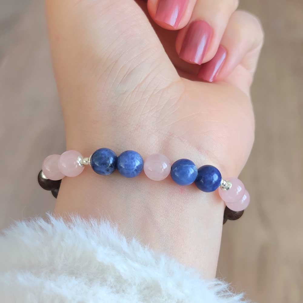 Natural Wenge Wood Bracelet With Sodalite & Rose Quartz Stones