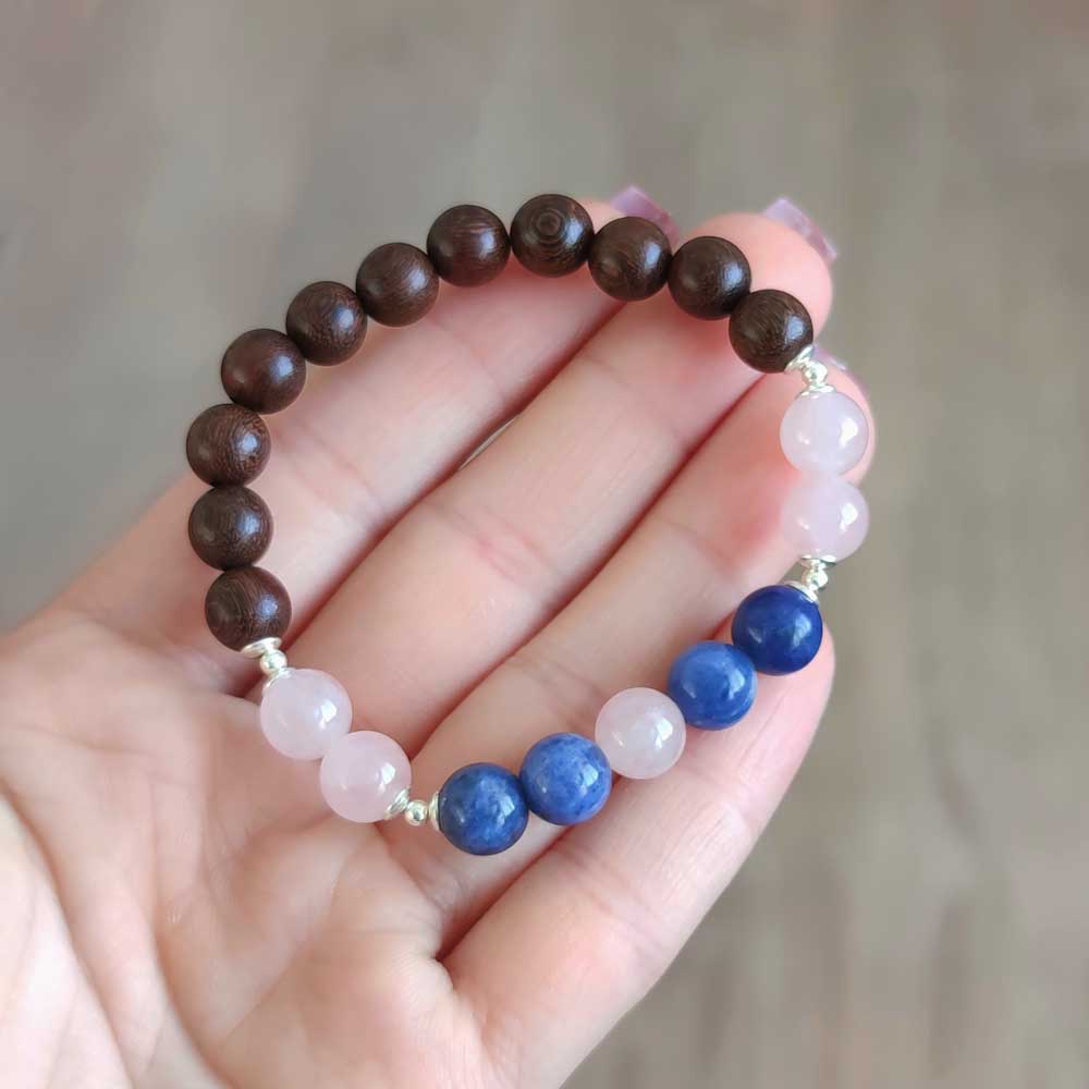 Natural Wenge Wood Bracelet With Sodalite & Rose Quartz Stones