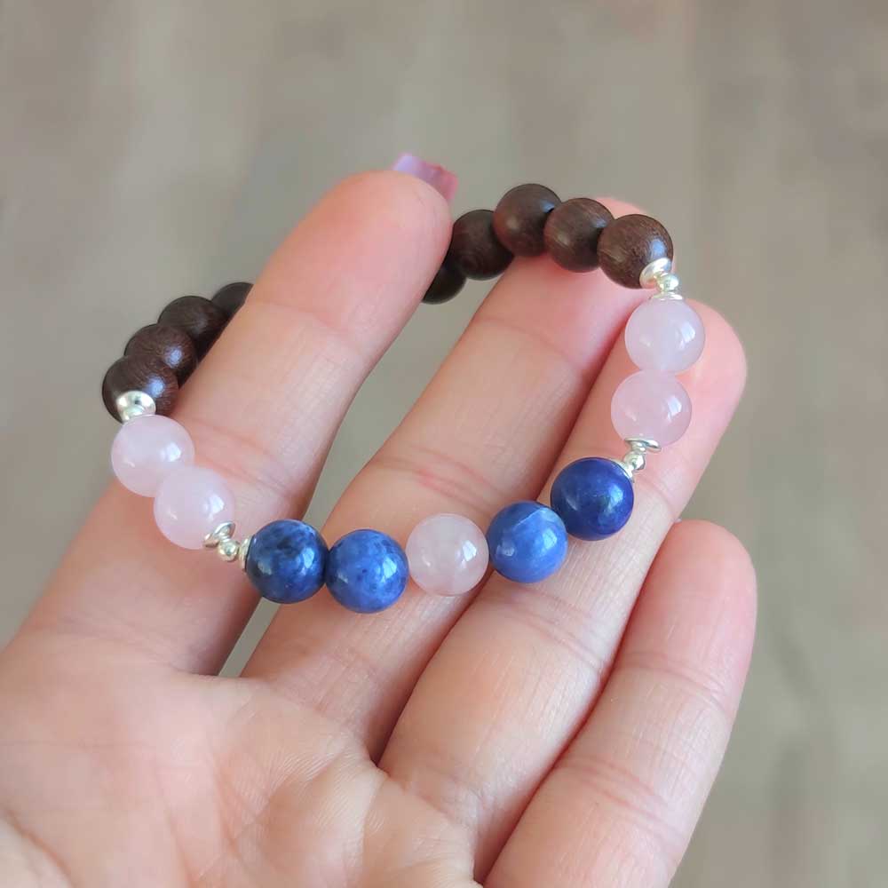 Natural Wenge Wood Bracelet With Sodalite & Rose Quartz Stones