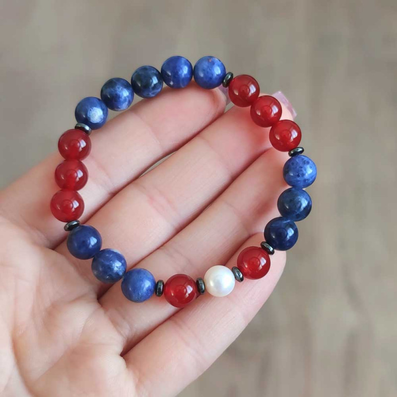 Multi Stone Bracelet , 8mm Red Agate , Sodalite , Pearl Bracelet