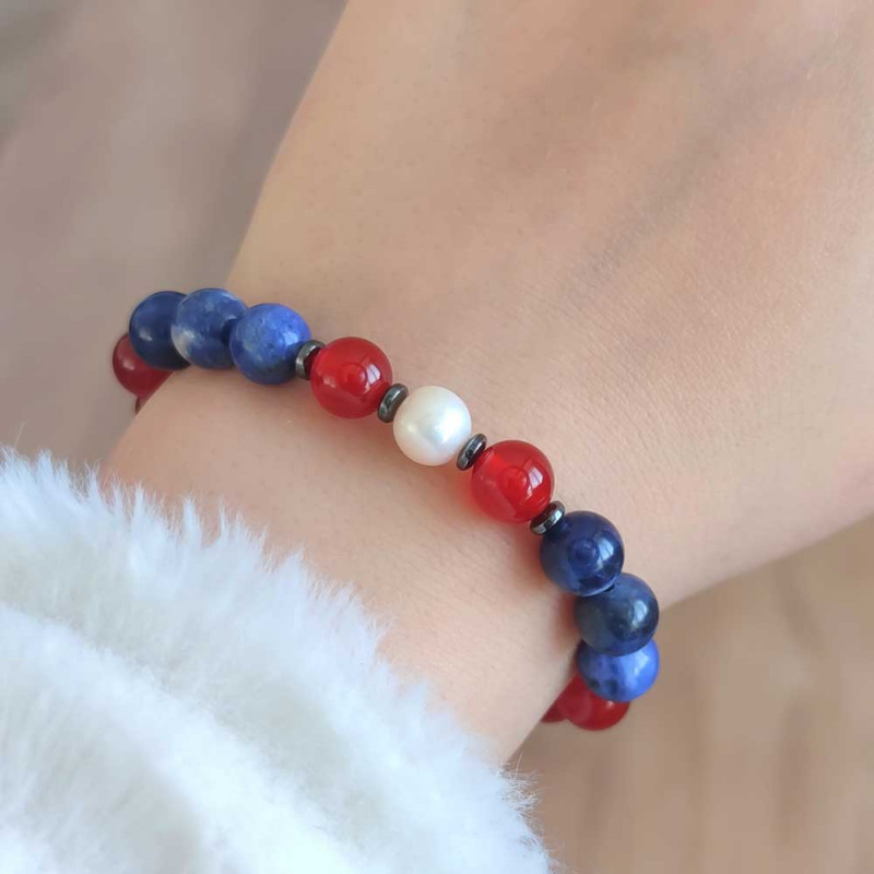 Multi Stone Bracelet , 8mm Red Agate , Sodalite , Pearl Bracelet