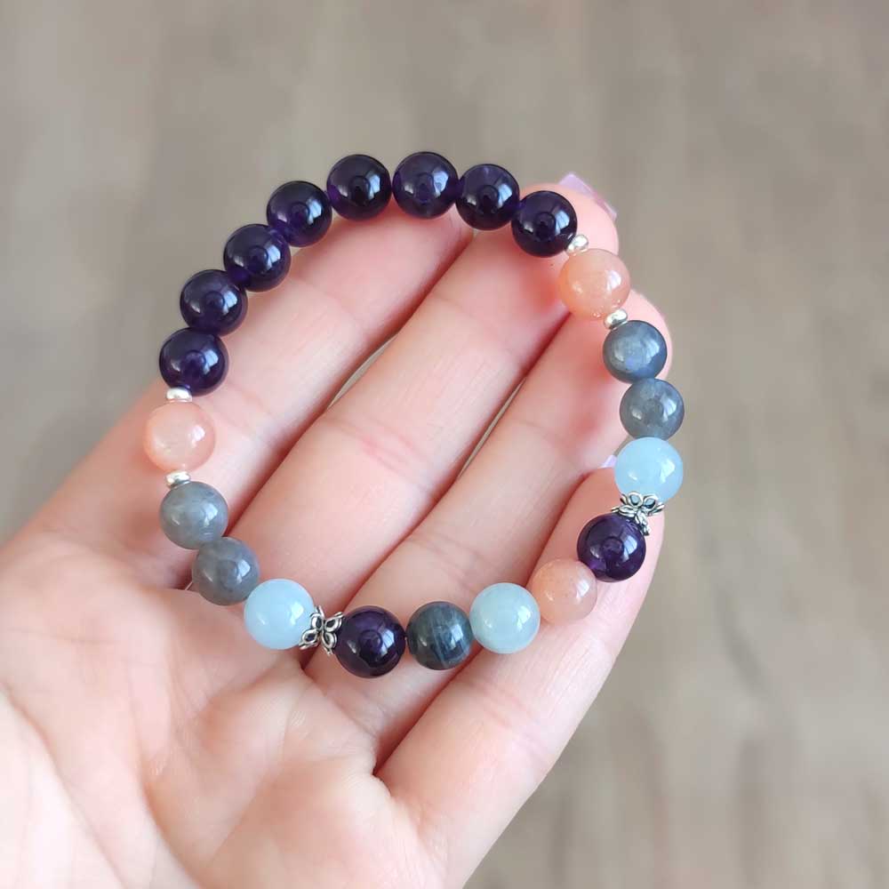 Multi Stone Bracelet , 8mm Amethyst, Brown Moonstone, Aquamarine and Labradorite Bracelet