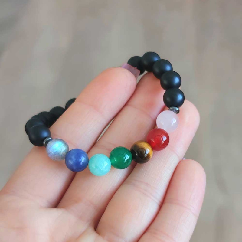 Multi Stone Bracelet , 8mm Black Onyx & Seven Chakras Stone