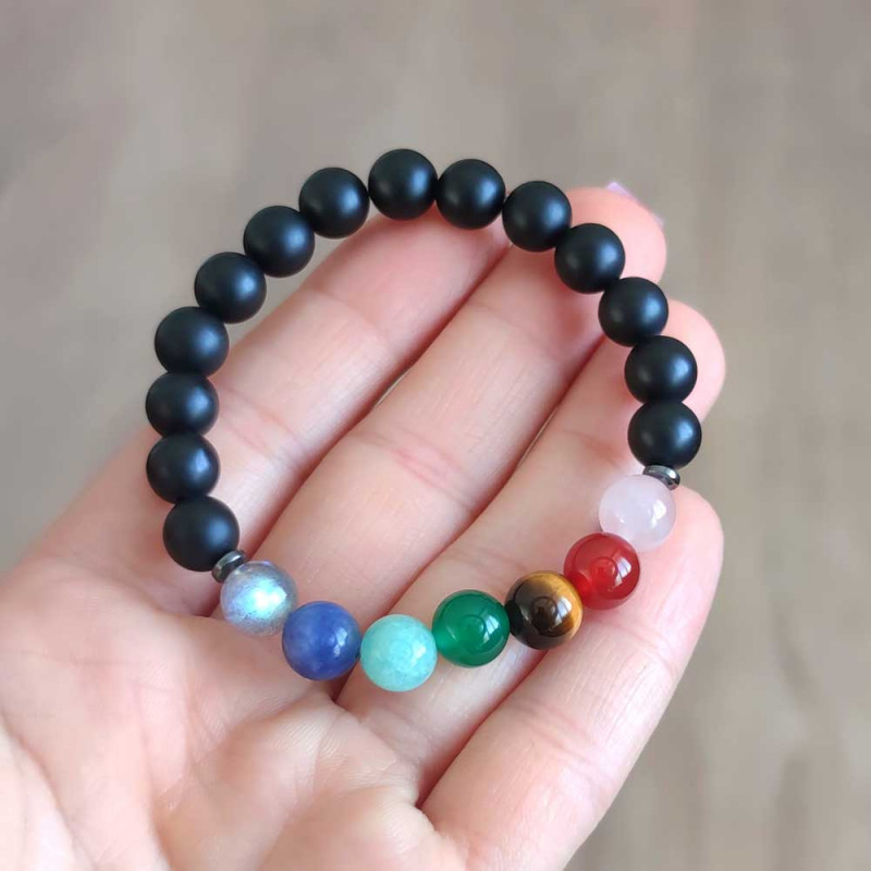 Multi Stone Bracelet , 8mm Black Onyx & Seven Chakras Stone