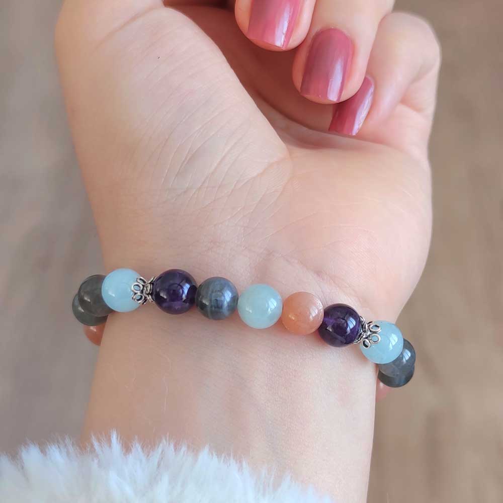 Multi Stone Bracelet , 8mm Amethyst, Brown Moonstone, Aquamarine and Labradorite Bracelet