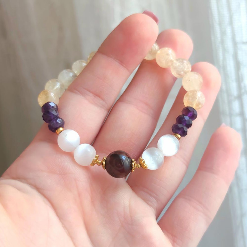 Multi Stone Bracelet , 8mm Citrine , Amethyst , Selenite & Tiger Eye Bracelet