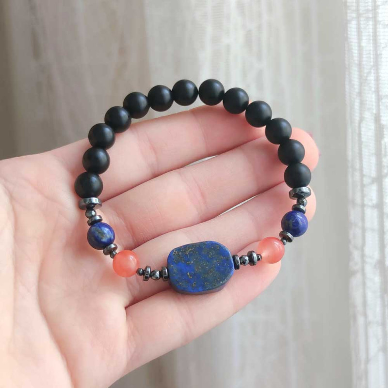 Multi Stone Bracelet , 8mm Black Onyx , Lapis Lazuli & Agate Bracelet