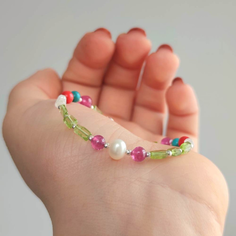 Multi Stone Bracelet ,  Natural Peridot Stone , Red Ruby ,  Turquoise , Red Coral , Moonstone & Pearl Bracelet