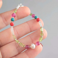 Multi Stone Bracelet ,  Natural Peridot Stone , Red Ruby ,  Turquoise , Red Coral , Moonstone & Pearl Bracelet