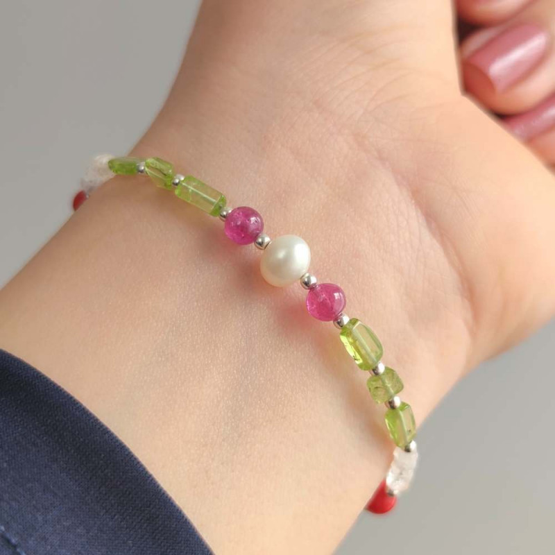 Multi Stone Bracelet ,  Natural Peridot Stone , Red Ruby ,  Turquoise , Red Coral , Moonstone & Pearl Bracelet